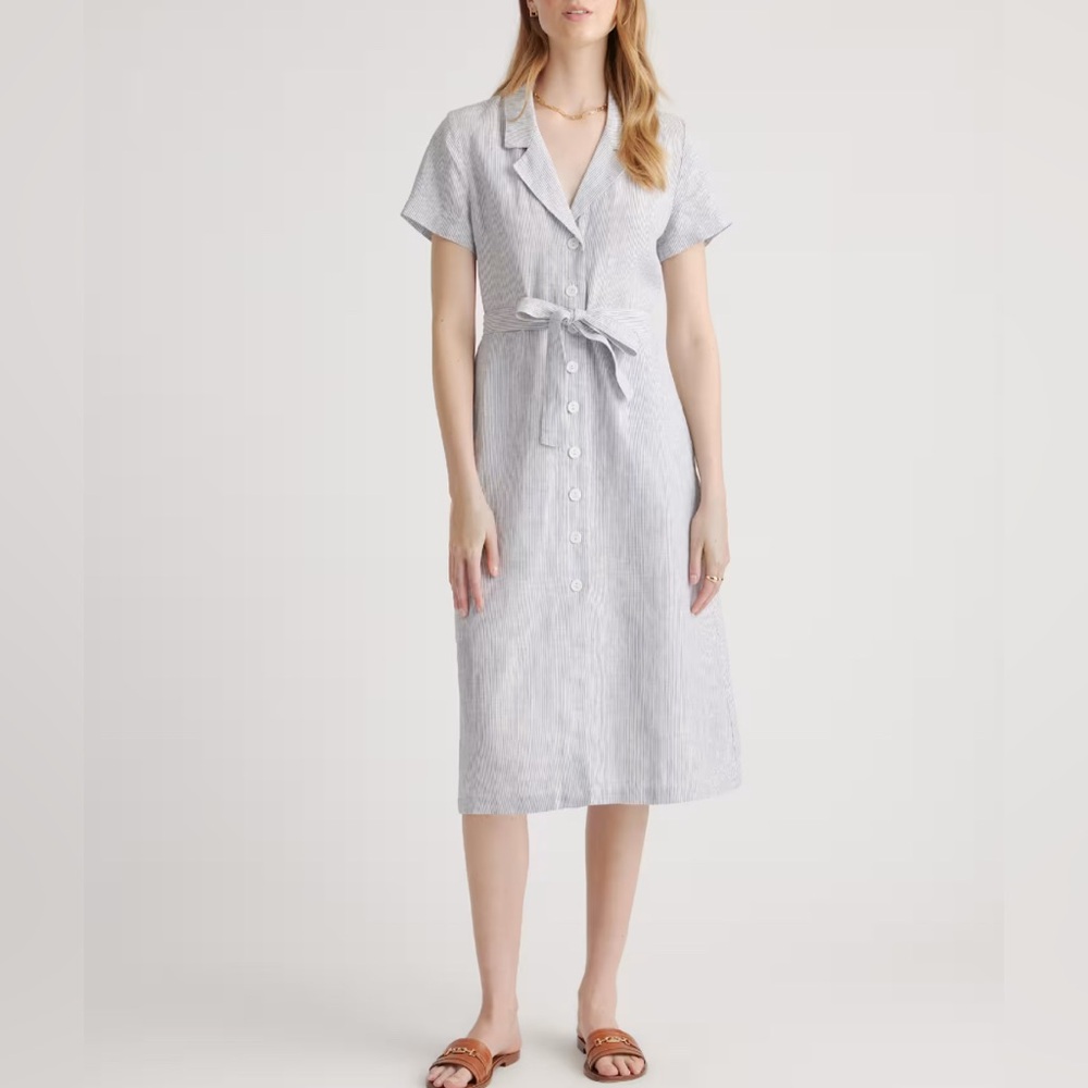 Quince Light Blue Pinstripe Midi Shirt Dress